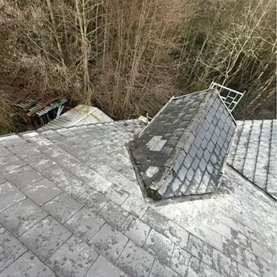 Worn old slates around the hipped dormer before stripping, Global Roofing and Guttering, Dublin