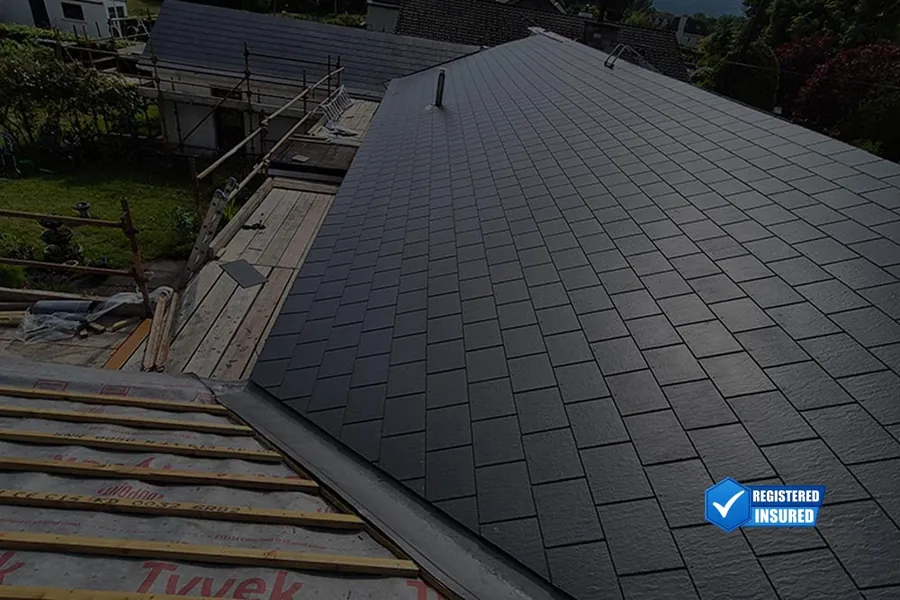 Finished new slate roof with the scaffold still up, Global Roofing and Guttering, Dublin
