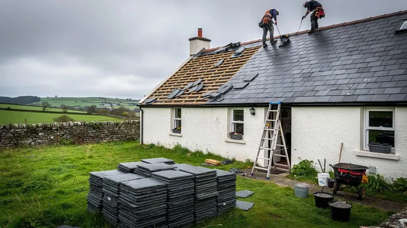 Roofers re-slating a cottage roof in the Irish countryside