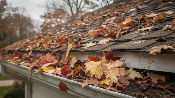 Gutter blocked with autumn leaves