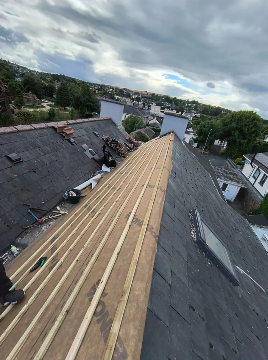 New battens up to the ridge beside a roof window on a slate re-roof, Global Roofing and Guttering, Dublin